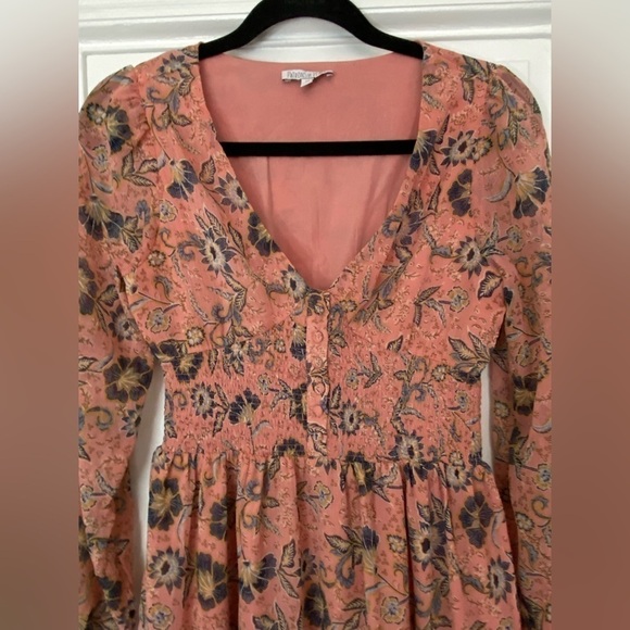 Patrons of Peace Peach Pink Navy Floral Longsleeve Maxi Dress Smock Button Front - Picture 5 of 14